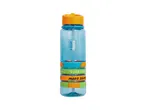 A blue plastic water bottle with orange accents and a flip-top lid.