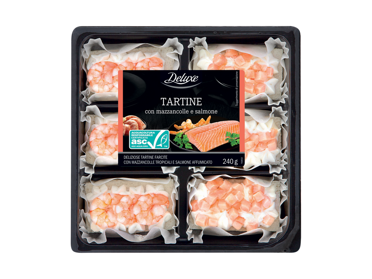 Tartine con mazzancolle e salmone