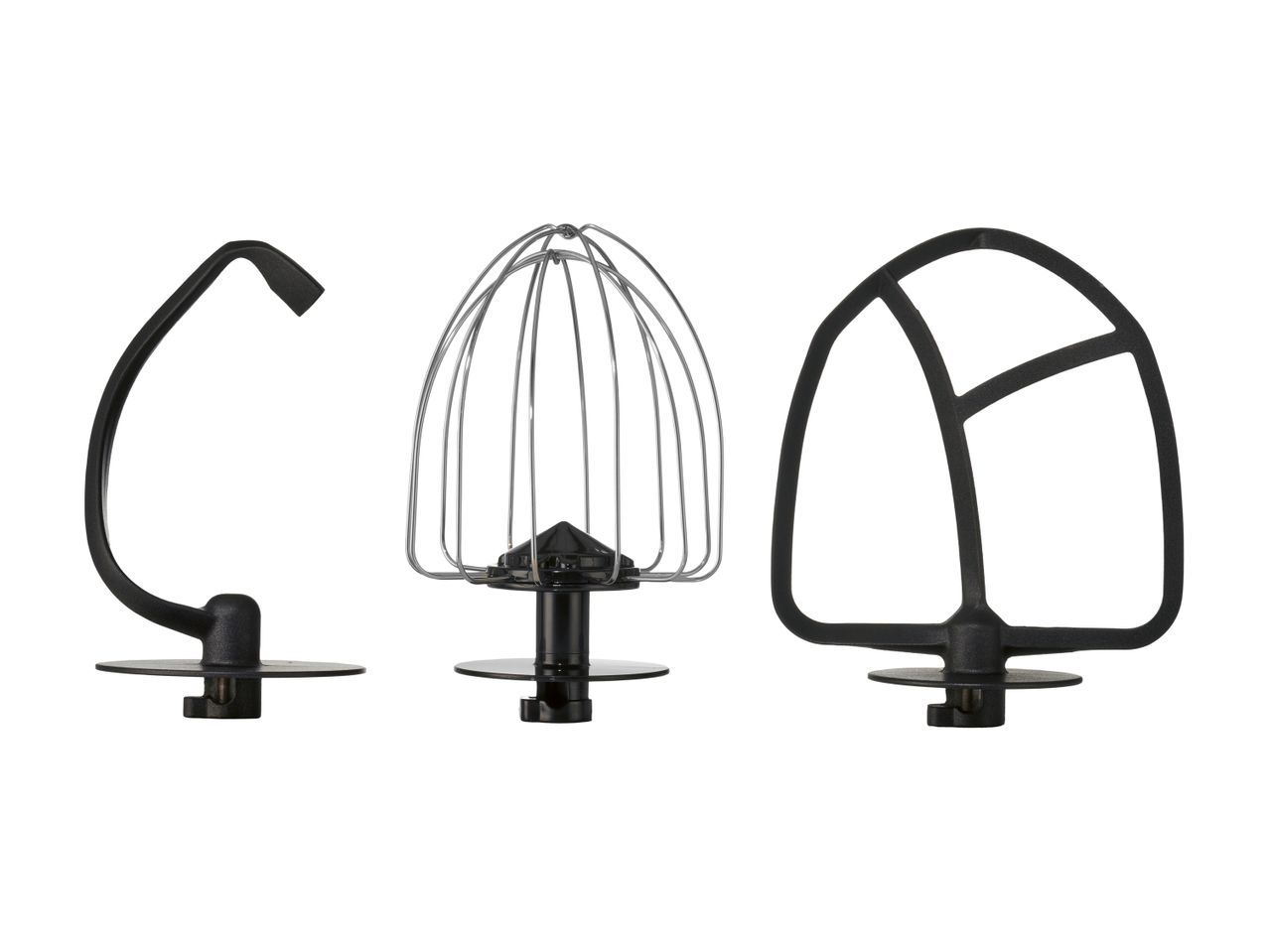Three stand mixer attachments: a dough hook, a wire whisk, and a flat beater.