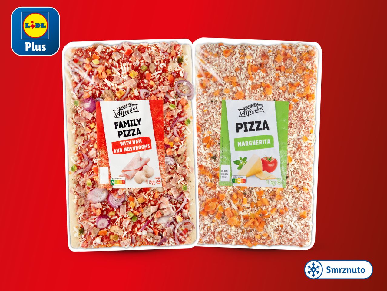 Lidl Plus zamrznute pizze: obiteljska pizza s pršutom i gljivama te Margherita.