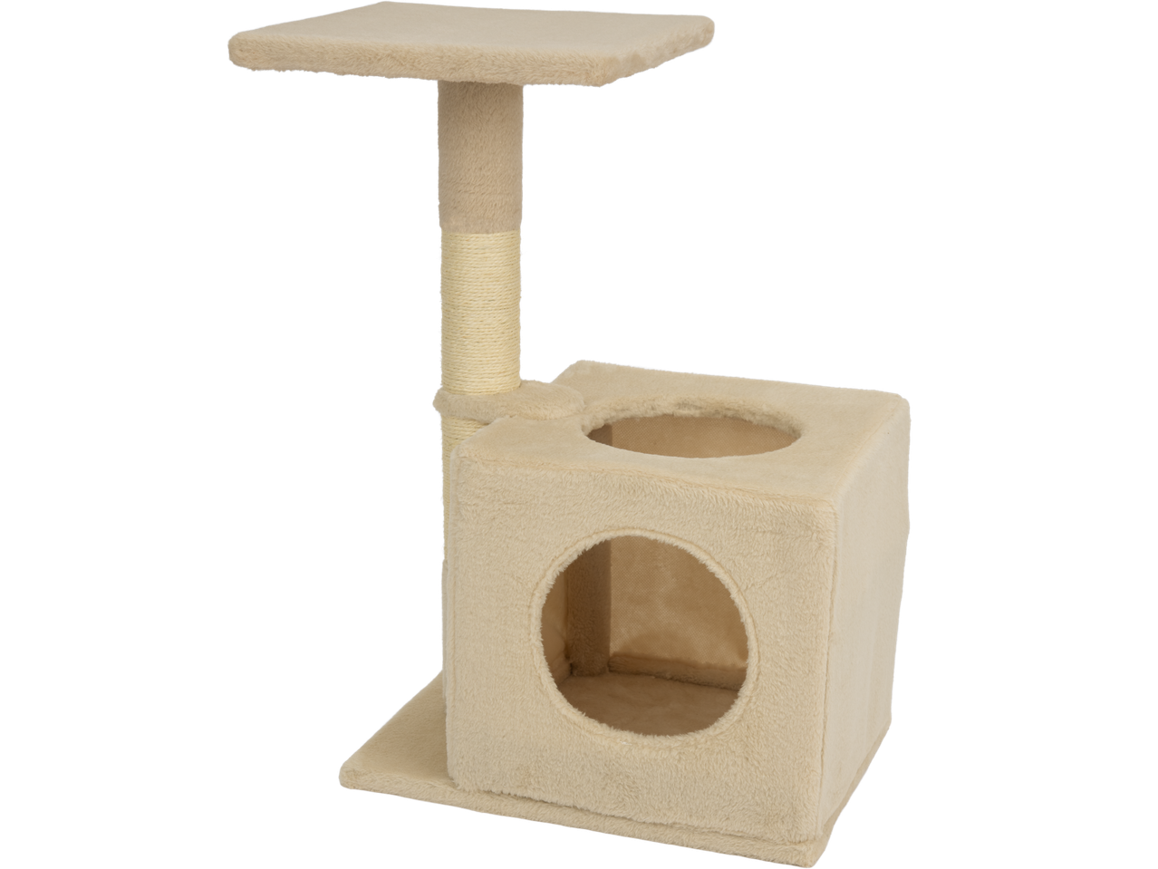Zoofari Small Cat Tower with a beige plush covering, scratching post, and two hideaway holes.