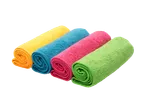 Quatro panos de microfibra Vileda enrolados em cores vivas: amarelo, azul, rosa e verde.