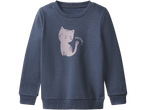 Camisola azul escura com gráfico de gato a dormir e texto 'MEOW'.