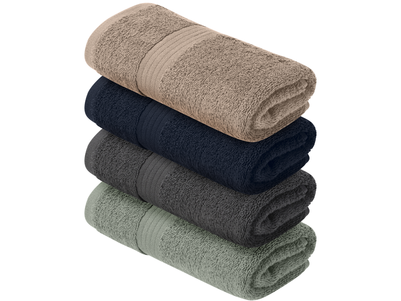 Pilha de toalhas de felpo LIVARNO em bege, azul-marinho, cinzento escuro e verde claro.