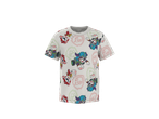 T-shirt branca infantil com estampas de cães de desenho animado e escudos.