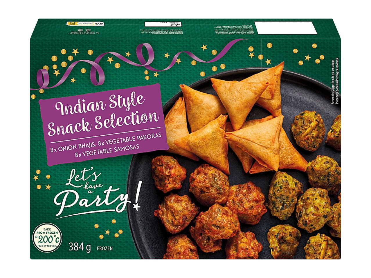 Indian Style Snack Selection with onion bhajis, vegetable pakoras, and vegetable samosas.