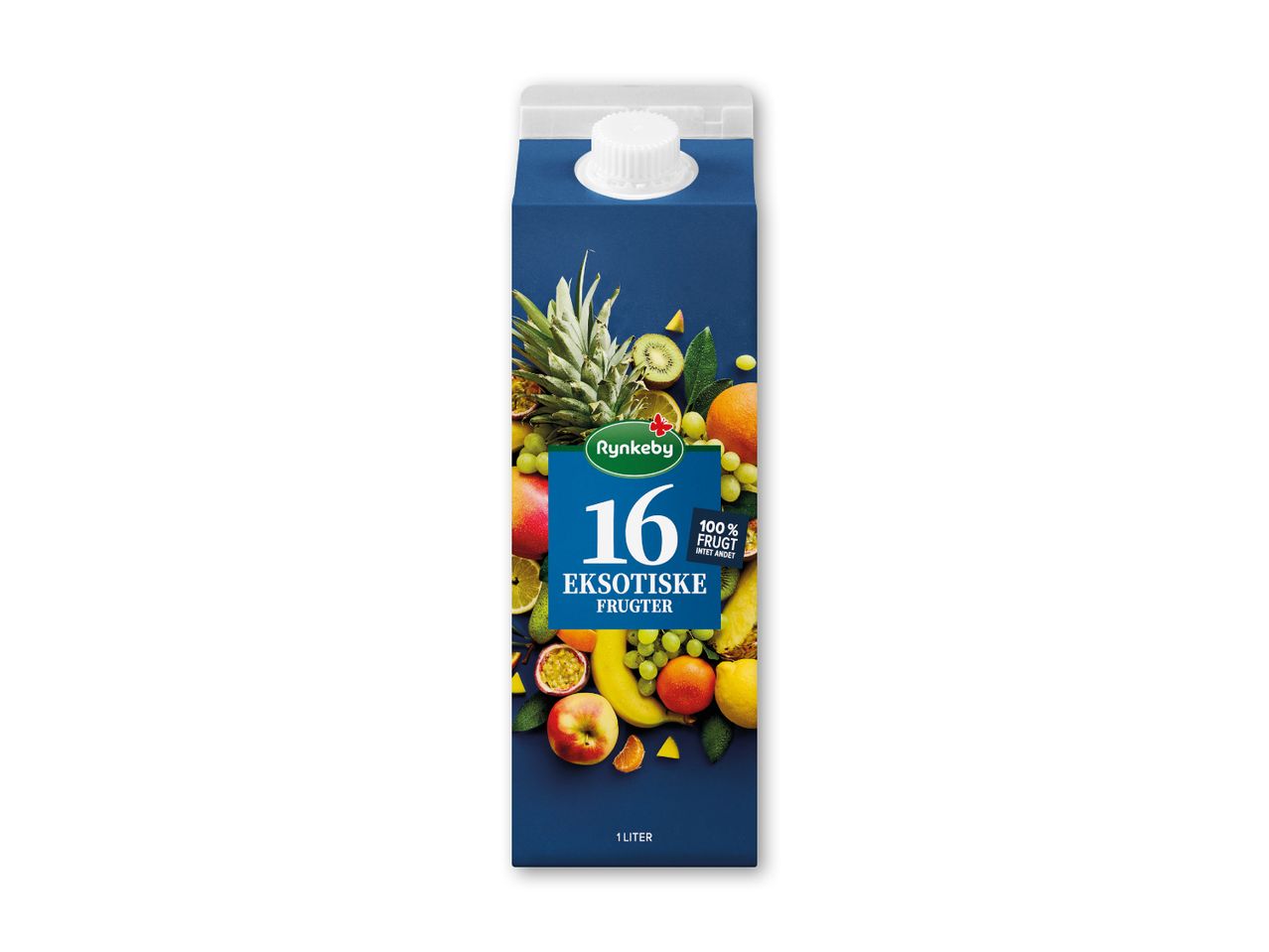 Blå juicekarton med 16 eksotiske frugter, herunder ananas, kiwi, appelsin og æble.