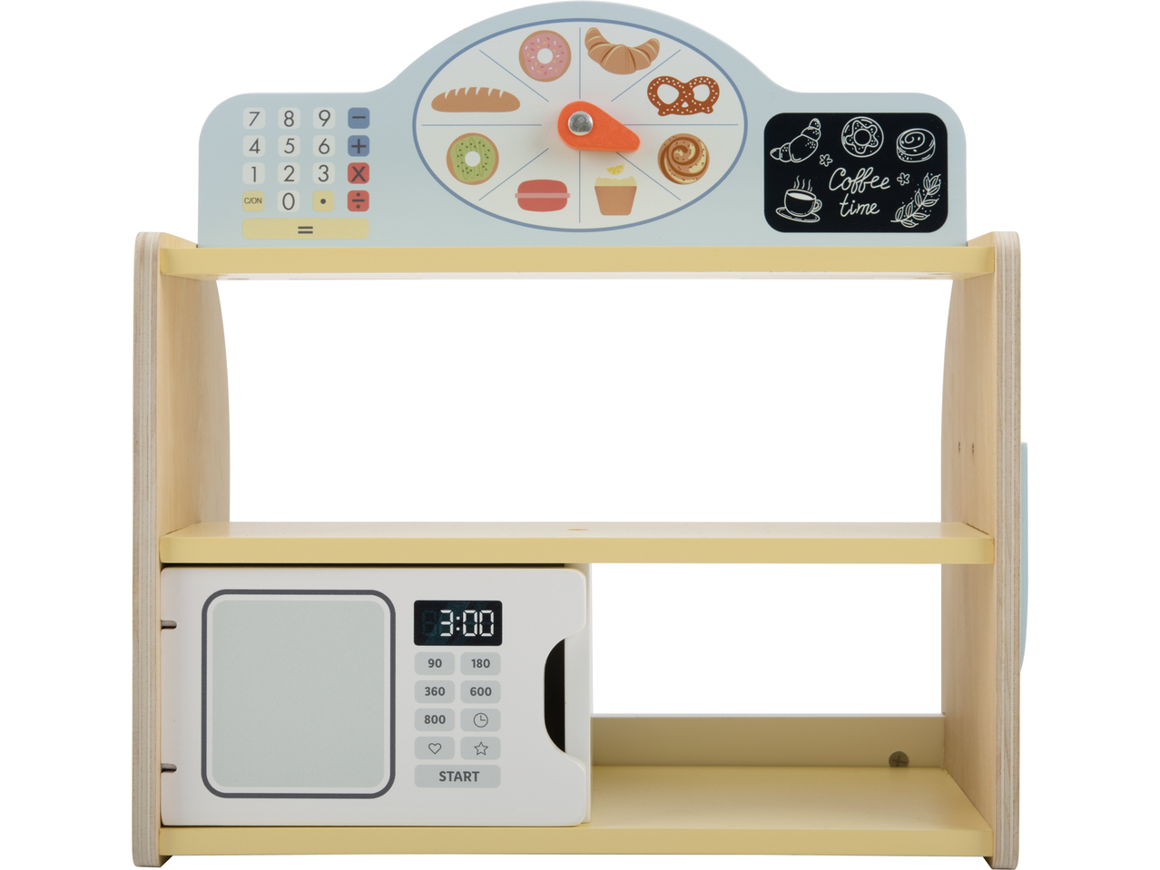 Cozinha de brinquedo de madeira com micro-ondas, calculadora e relógio com tema de padaria.