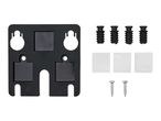 Black wall mount bracket with screws, wall plugs, and adhesive pads