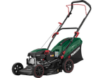Parkside® Petrol Lawnmower with green housing and black grass catcher
