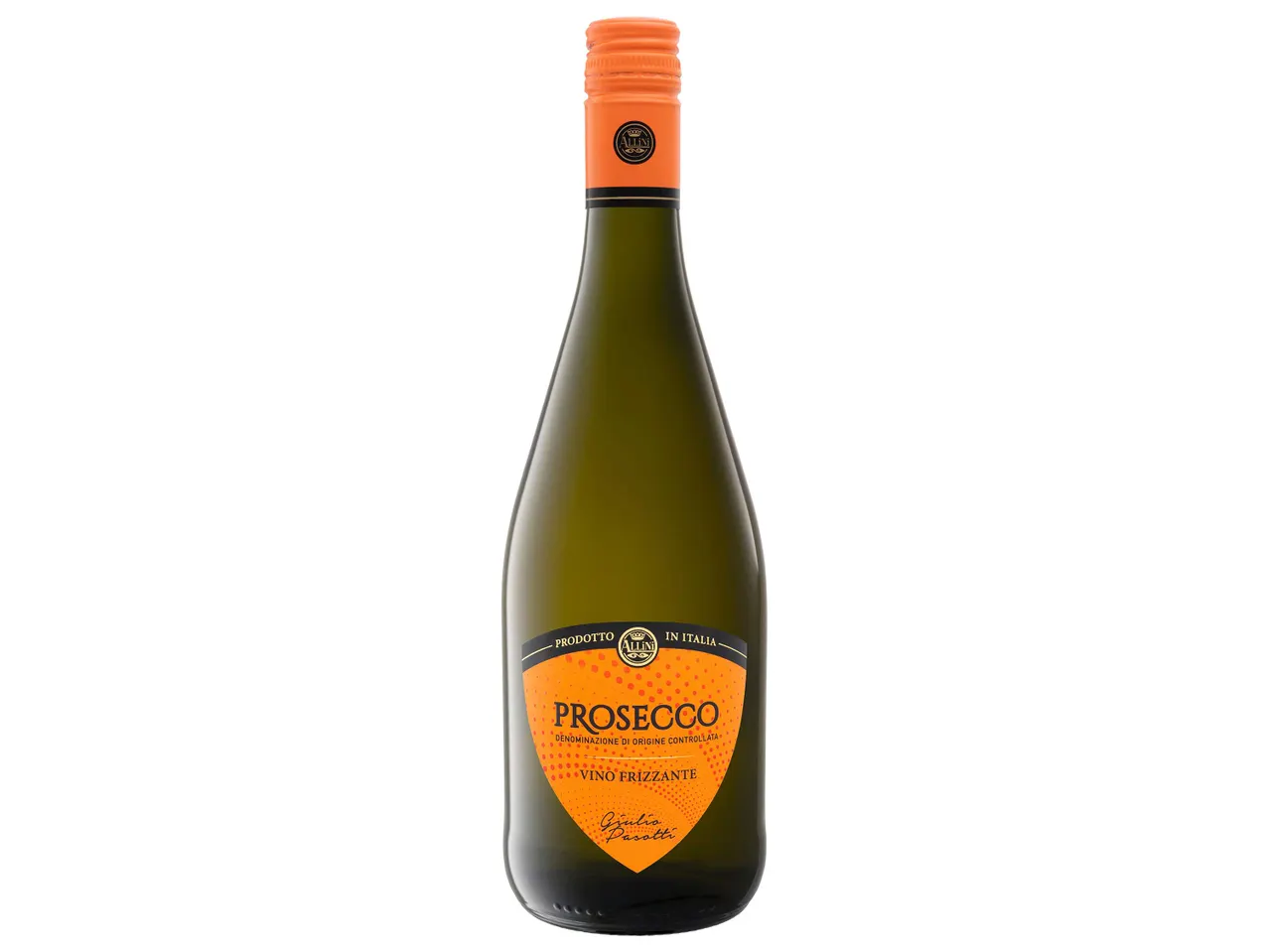 Allini Prosecco Vino Frizzante borosüveg narancssárga címkével és kupakkal.