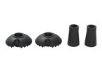 Two black trekking pole baskets and two black rubber tips for walking sticks.