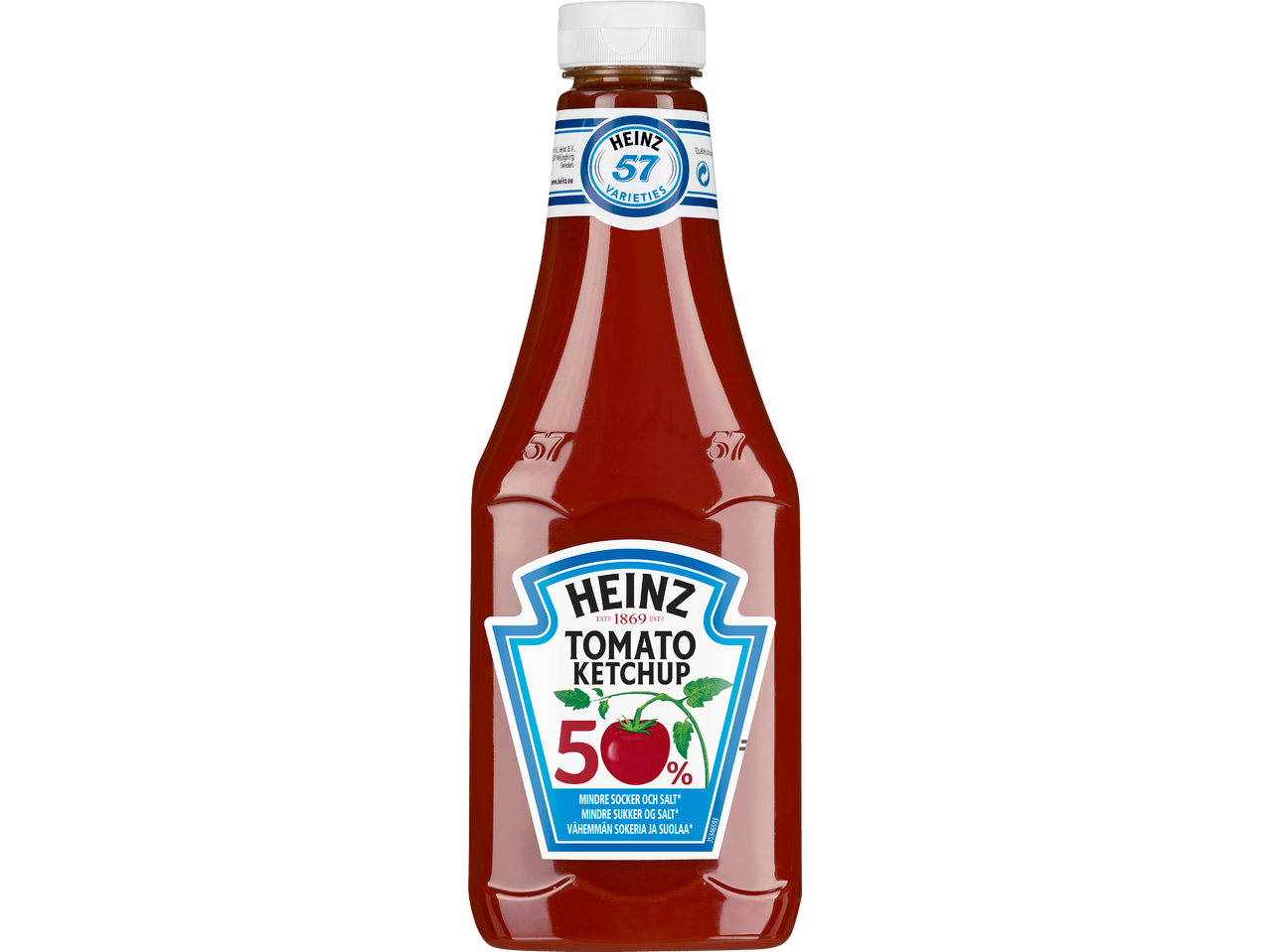 En flaska Heinz tomatketchup med 50% mindre socker och salt.