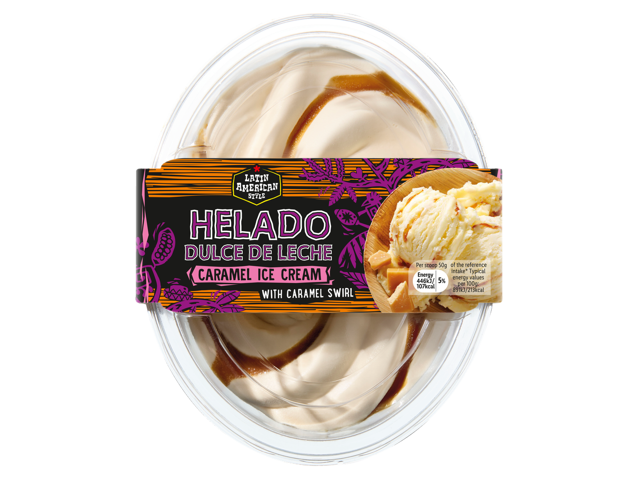 A tub of Latin American Style Dulce de Leche Caramel Ice Cream with a caramel swirl.