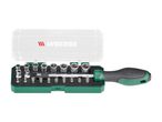 Screwdriver set with various bits and sockets in a green and clear case.