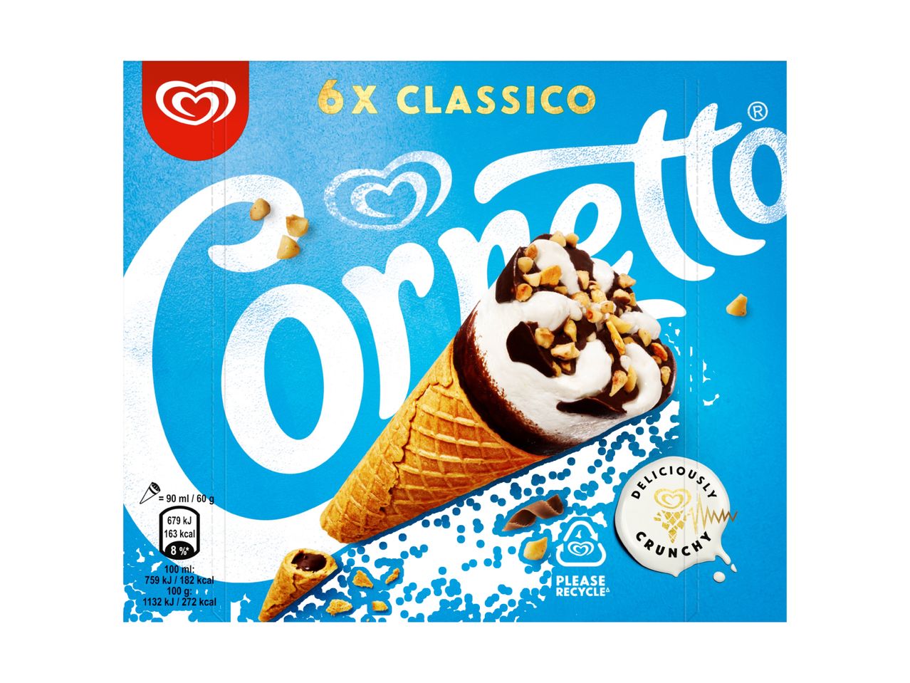 Cornetto ice cream box with 6x Classico cones and nutritional information.