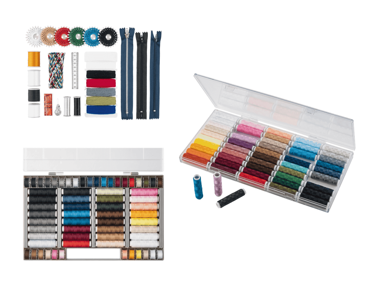 Un assortimento di fili da cucito, cerniere e accessori in contenitori trasparenti.