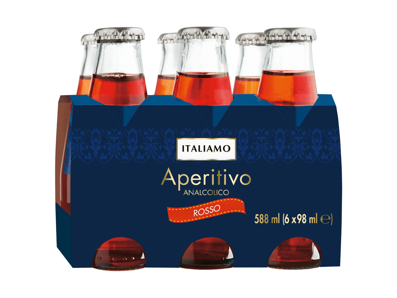 Sixpack alkoholfreier Aperitif in roten Flaschen, Gesamtmenge 588 ml (6 x 98 ml).