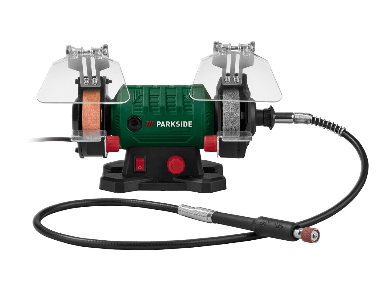 A green and black Parkside bench grinder with two grinding wheels and a flexible shaft.