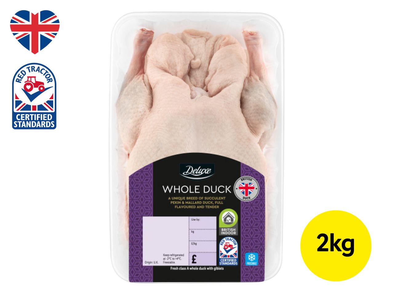 Packaged whole duck with a 'Deluxe' label, Red Tractor certification, and a 2kg weight.