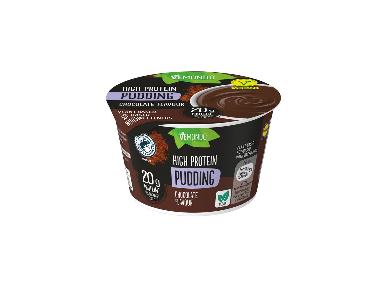Vemondo High Protein Chocolate Pudding, plant-based and soy-based with sweeteners.