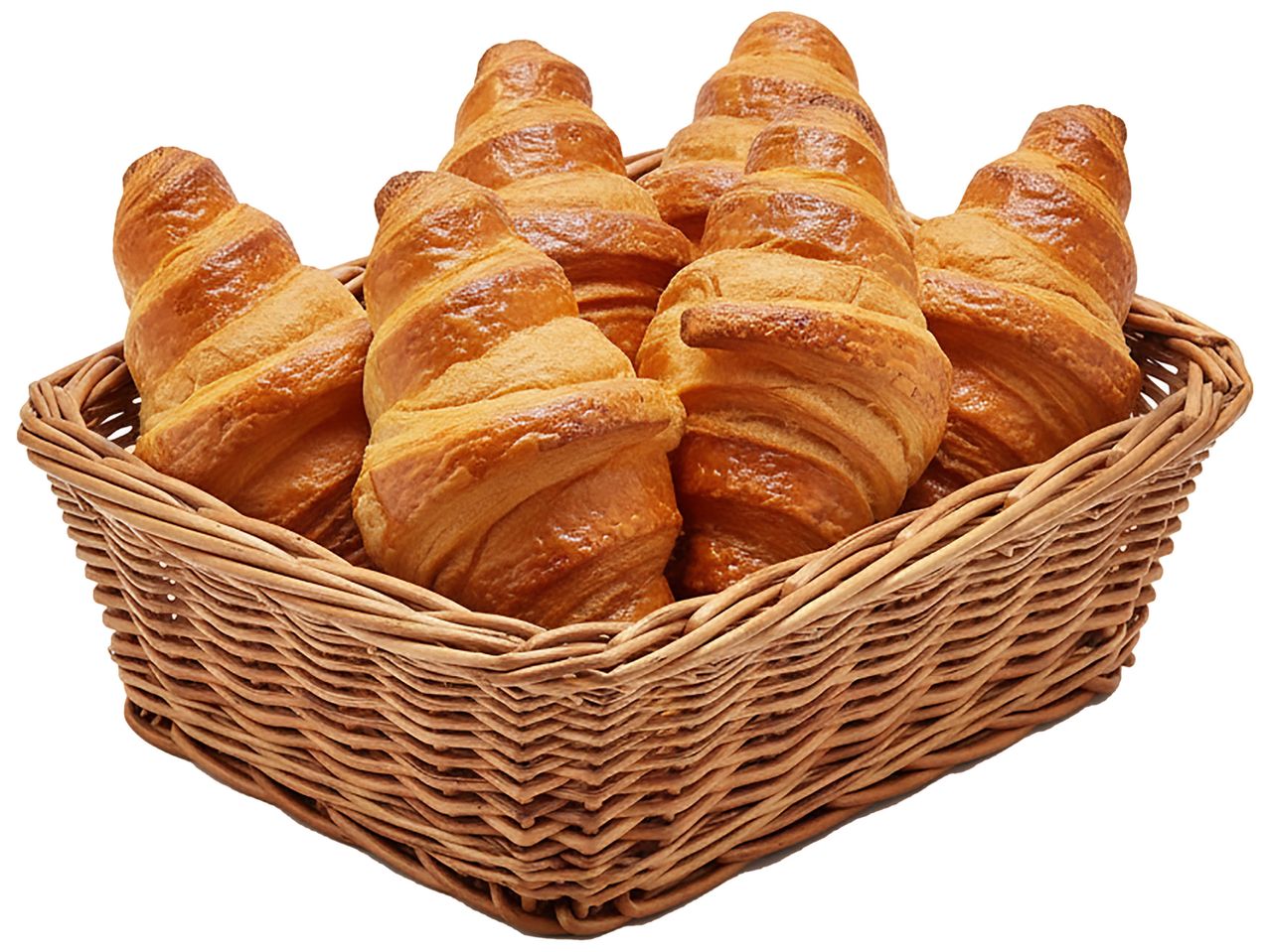 Panier en osier rempli de croissants dorés et croustillants.