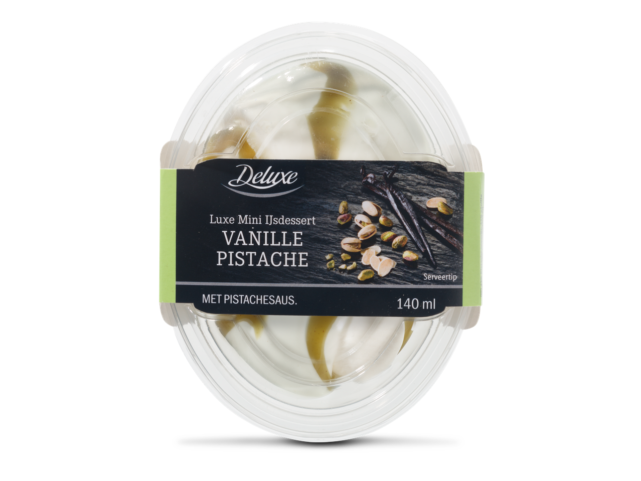 Deluxe Luxe Mini IJsdessert, Vanille Pistache met pistachesaus (140ml).