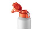 A close-up of a gray water bottle with an orange lid, slightly ajar.