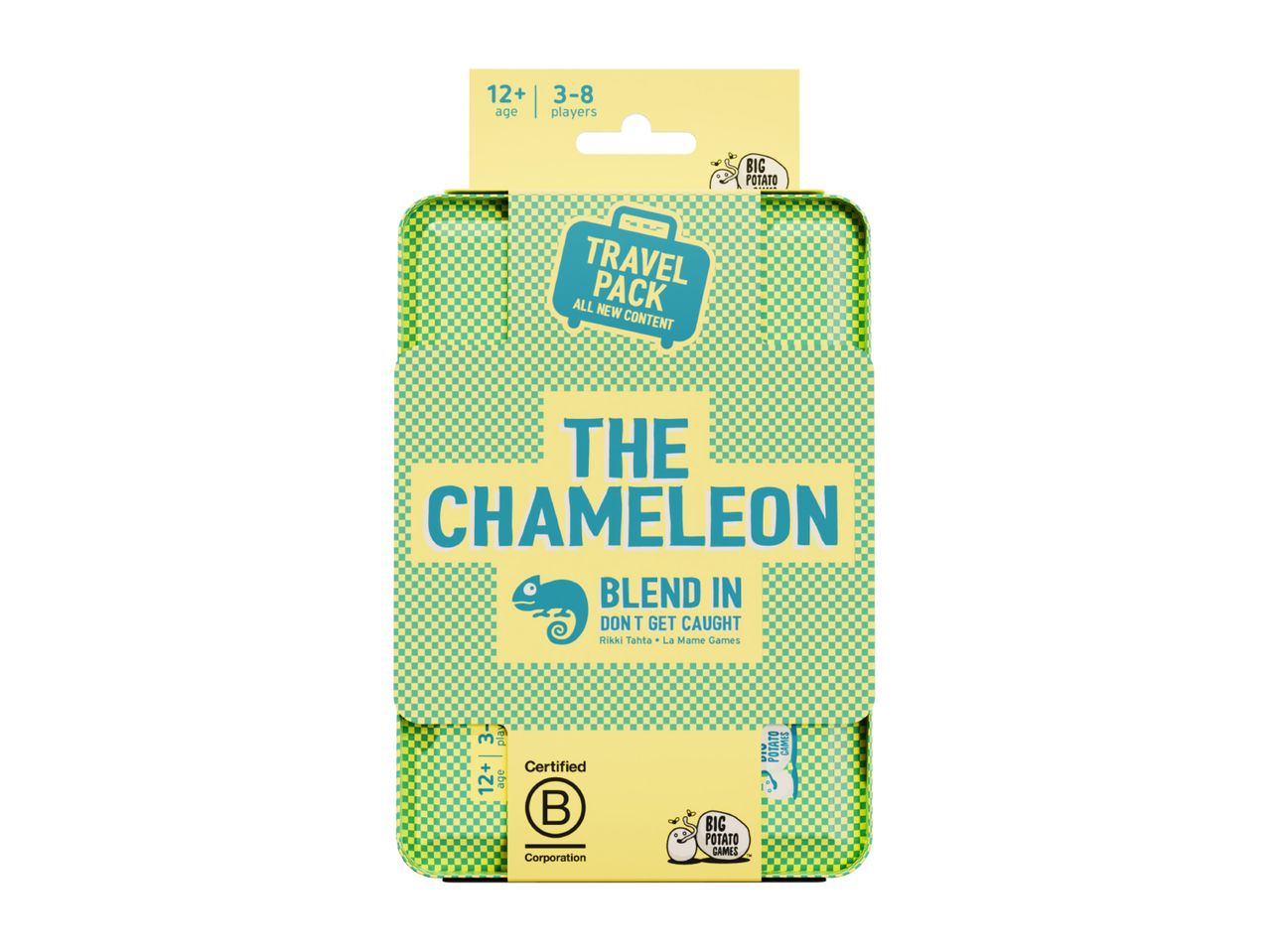 The Chameleon Travel Pack card game, featuring a chameleon graphic and text about blending in.