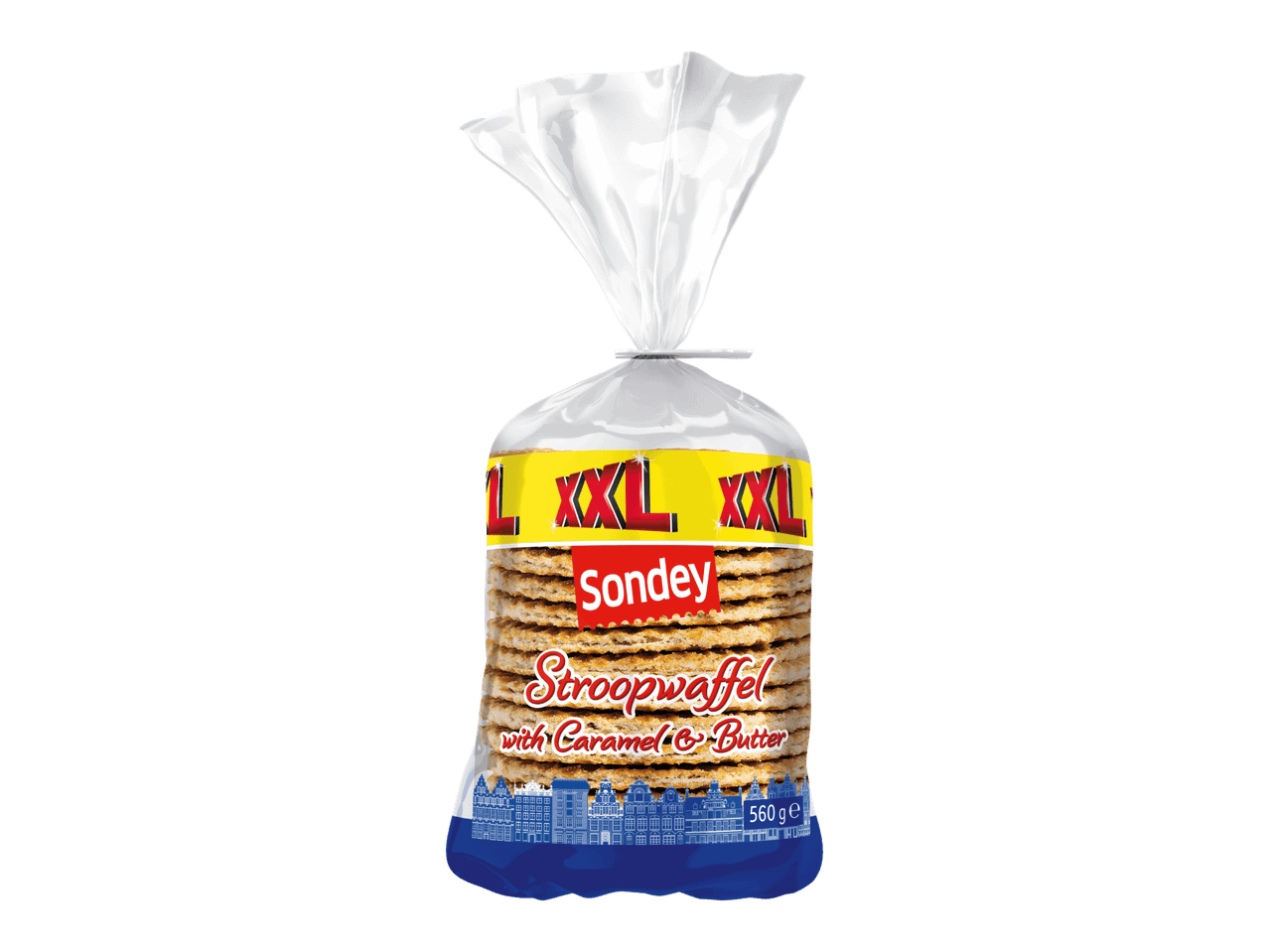 Sondey XXL Stroopwafleita karamellilla ja voilla.