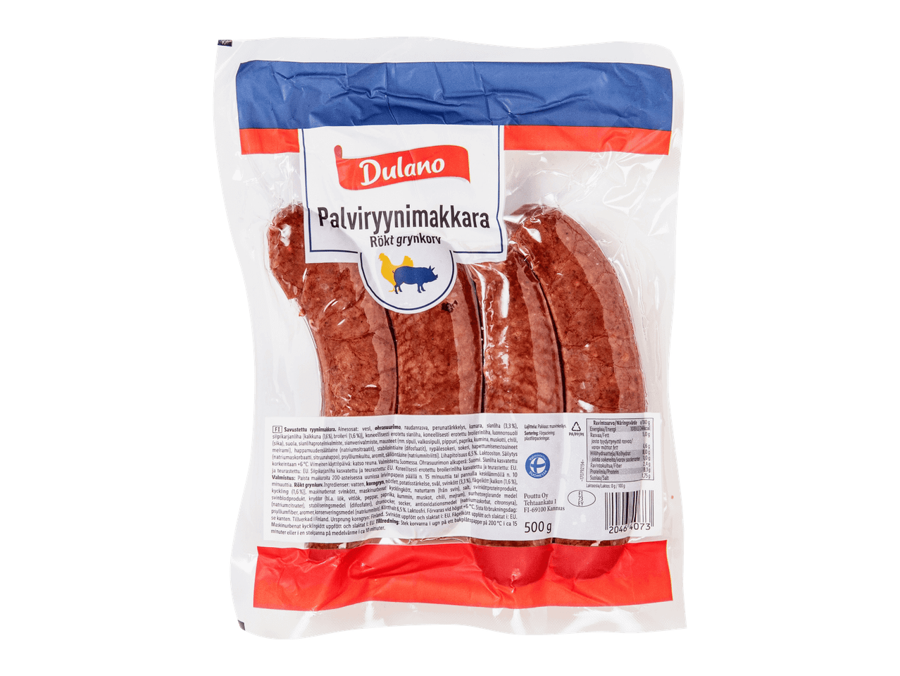 Pakkaus savustettua ryynimakkaraa, jossa on valmistusohjeet ja ravintoarvot.