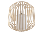 Lanterne décorative en bois clair avec une bougie blanche allumée à l'intérieur.