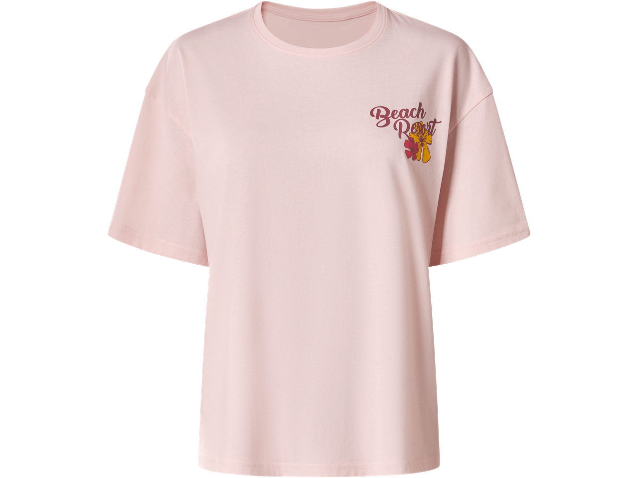 T-shirt ESMARA rosa com estampa 'Beach Resort' e flores.