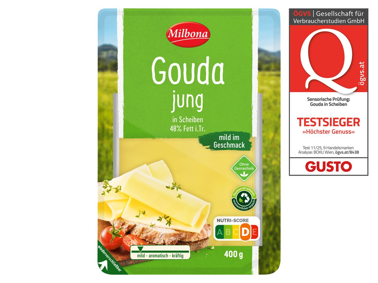 Milbona Gouda jung in Scheiben, 48% Fett i.Tr., mild im Geschmack, 400g Packung