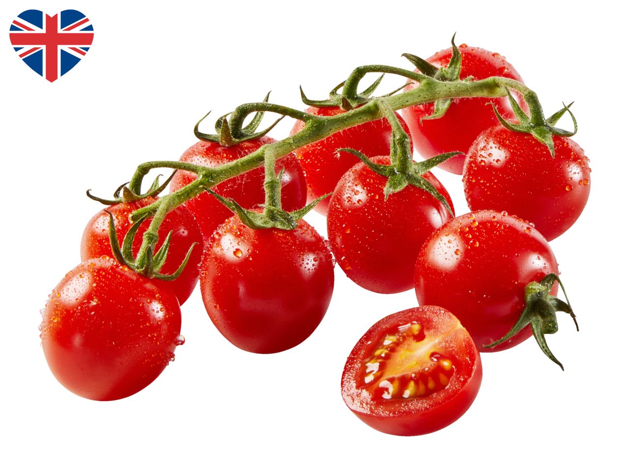 Fresh cherry tomatoes on the vine with water droplets, and a heart-shaped Union Jack flag.