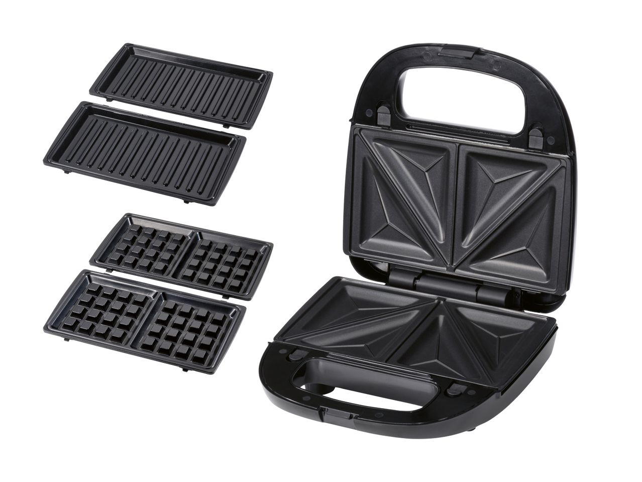 Multifunktionel sandwichmaskine med udskiftelige plader til toast, grill og vafler.