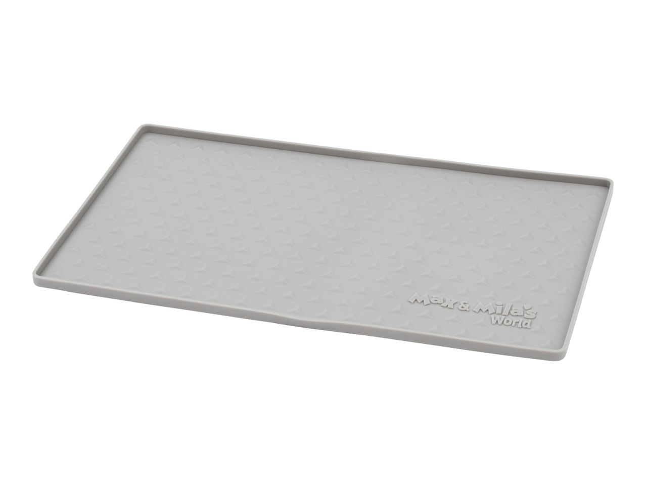Grey silicone pet feeding mat with raised edges and textured pattern