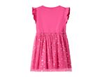 Pink dress with ruffled sleeves and a sparkly tulle skirt with silver flower details.