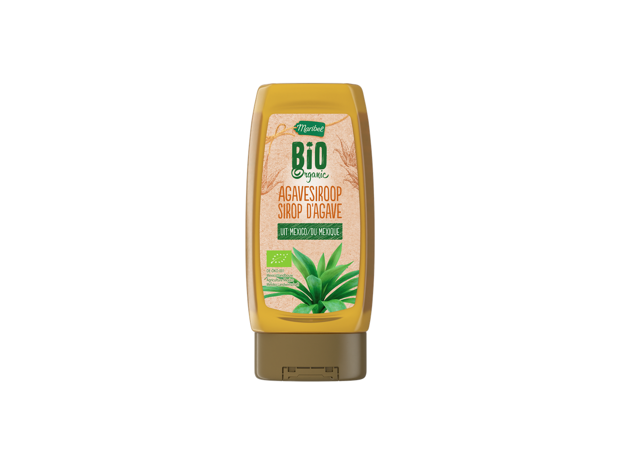 Sirop d'agave biologique Maribel du Mexique dans une bouteille compressible.