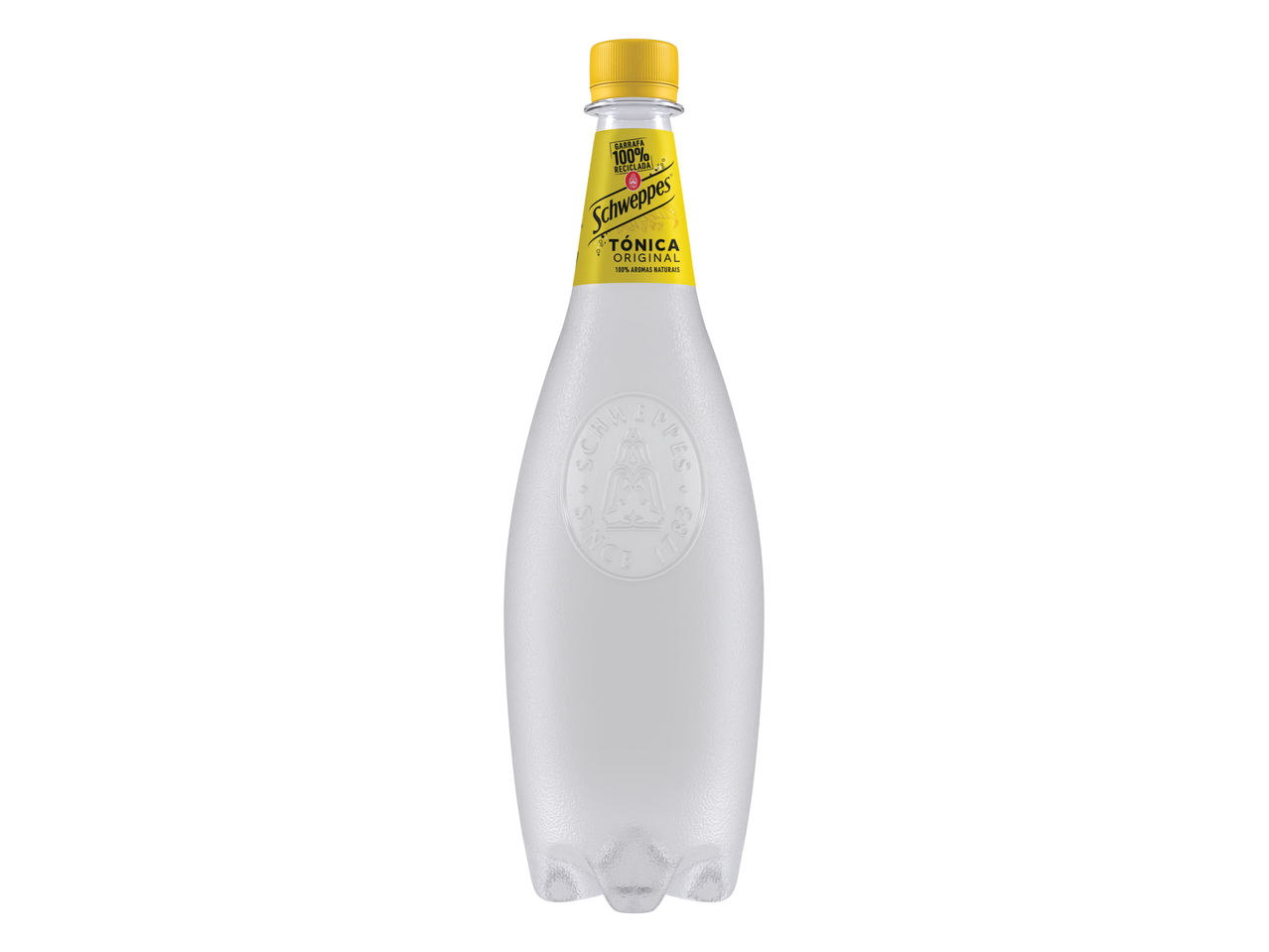 Schweppes Água Tónica, garrafa 100% reciclada, 100% aromas naturais.