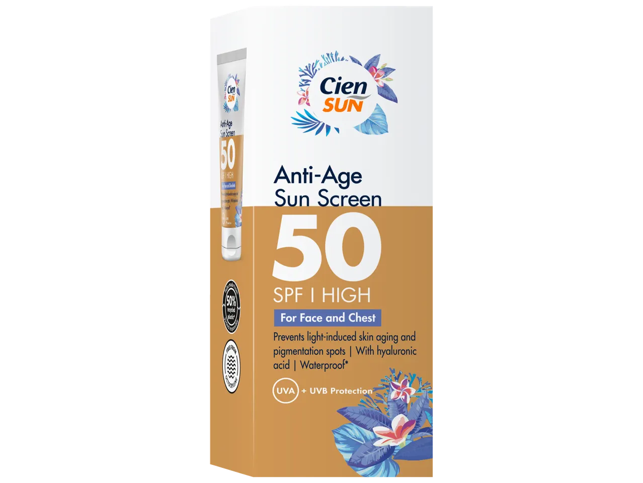 Cien Sun Anti-Age zonnebrandcrème SPF 50 hoge bescherming voor gezicht en decolleté.