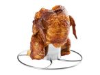 Roasted chicken on a metal stand, isolated on a white background.