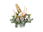 Christmas floral arrangement with pine cones and decorative egg.