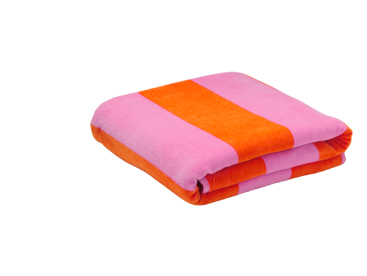 Toalha de praia CRIVIT com riscas rosa e laranja, dobrada.