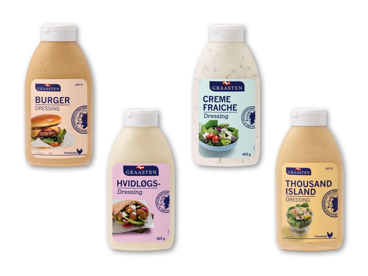Graasten's forskellige dressinger: Burger, Creme Fraiche, Hvidløgs og Thousand Island.
