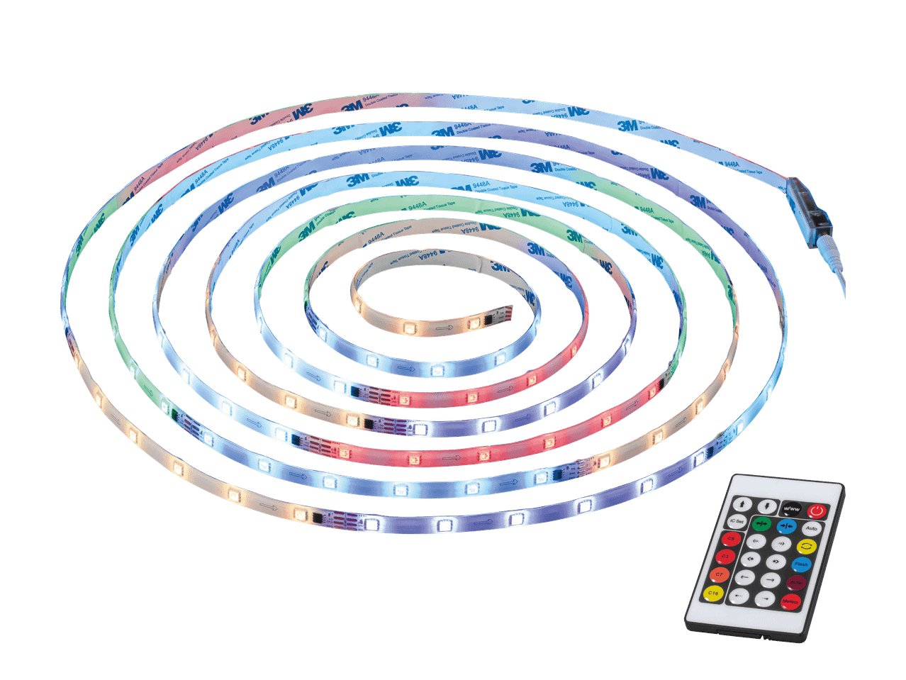 Monivärinen LED-nauha kaukosäätimellä, 3M-teipillä.