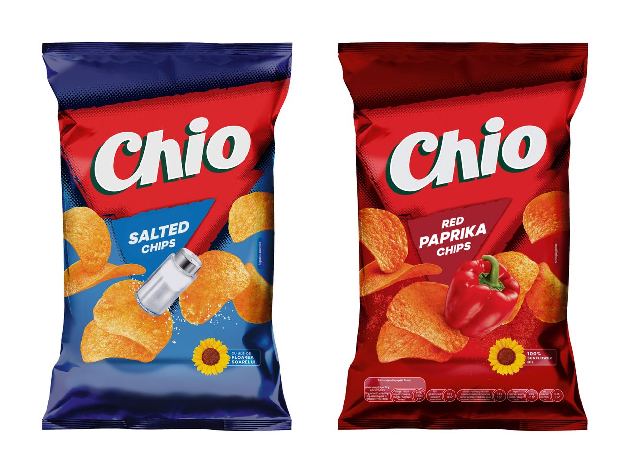 Zwei Chio Chips-Packungen, eine mit Salz, die andere mit Paprika.