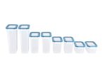 Set of eight clear plastic food storage containers with blue lids in various sizes
