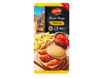Verpakking voor Piri piri Burger Chicken Filet, 288g, met een afbeelding van een burger, friet en een tram in Lissabon.