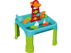 Colorful sand and water play table with boats, sand molds, and water wheel tower.